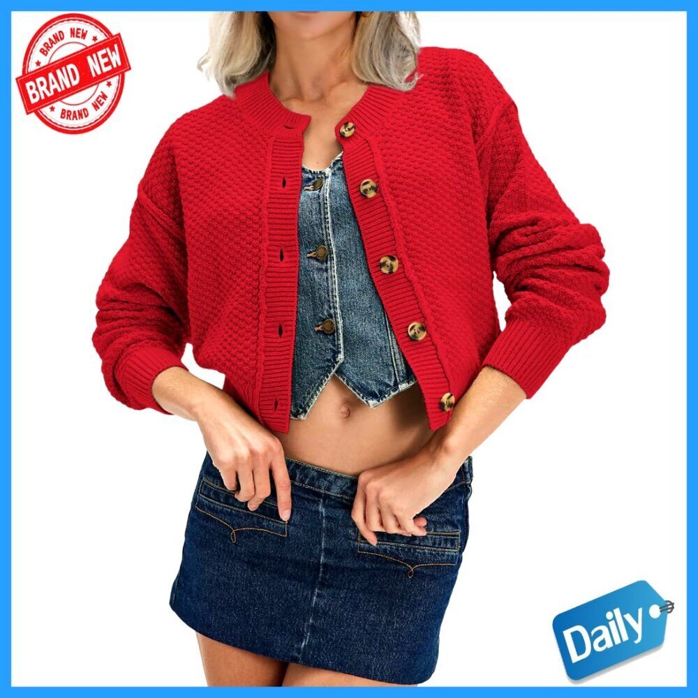 Cropped Cardigan, Button Down, Long Sleeve, Crew Neck, Knit, Stretch Fit